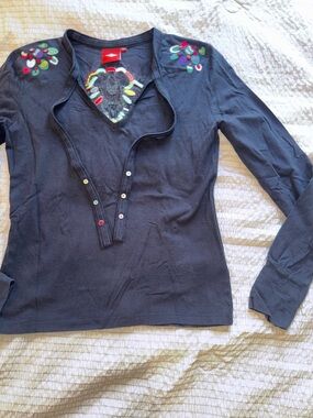 Vintage Black Oilily Embroidered Beaded Long Sleeve Shirt medium